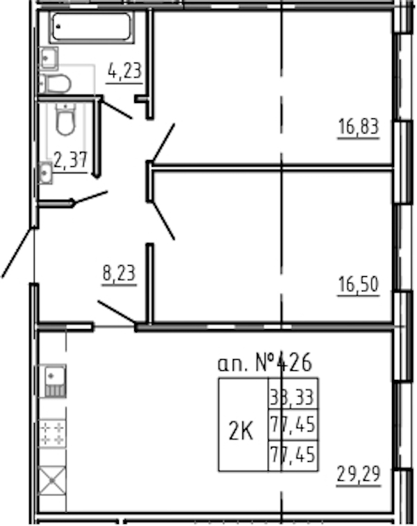 2-комнатная квартира 77.45 м², 1/5 эт., Комплекс апартаментов «Bereg. Курортный»